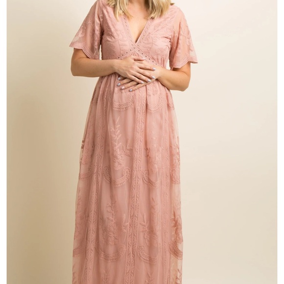 PinkBlush Maternity Blush Pink Lace Overlay Maxi Dress - Picture 1 of 5